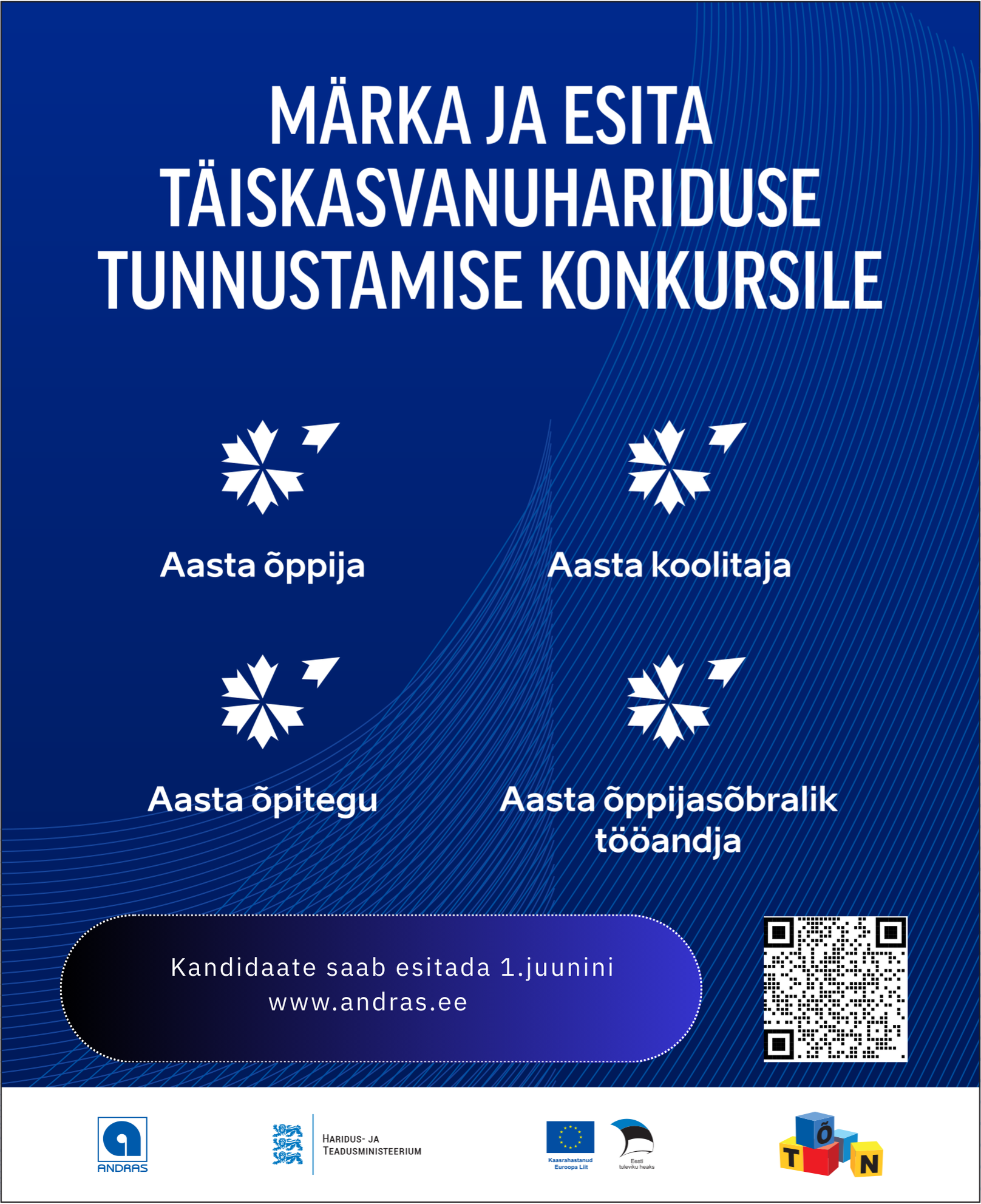 Otsime taas Läänemaa tublisid täiskasvanuid õppijaid, koolitajaid, põnevaid enesearnegule suunatud õpitegusid ja...
The post TÄISKASVANUHARIDUSE TUNNUSTUSKONKUR