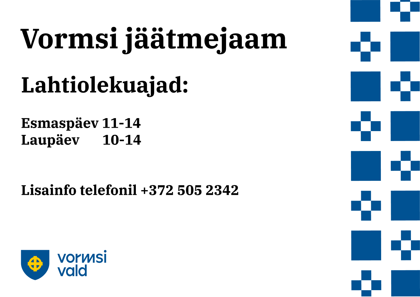 Vastavalt Vormsi Vallavalitsus ja Vormsi jäätmejaama haldaja vahelisele kokkuleppele hakkab alates 1. maist...
The post Hullo jäätmejaam sai uued lahtiolekuajad